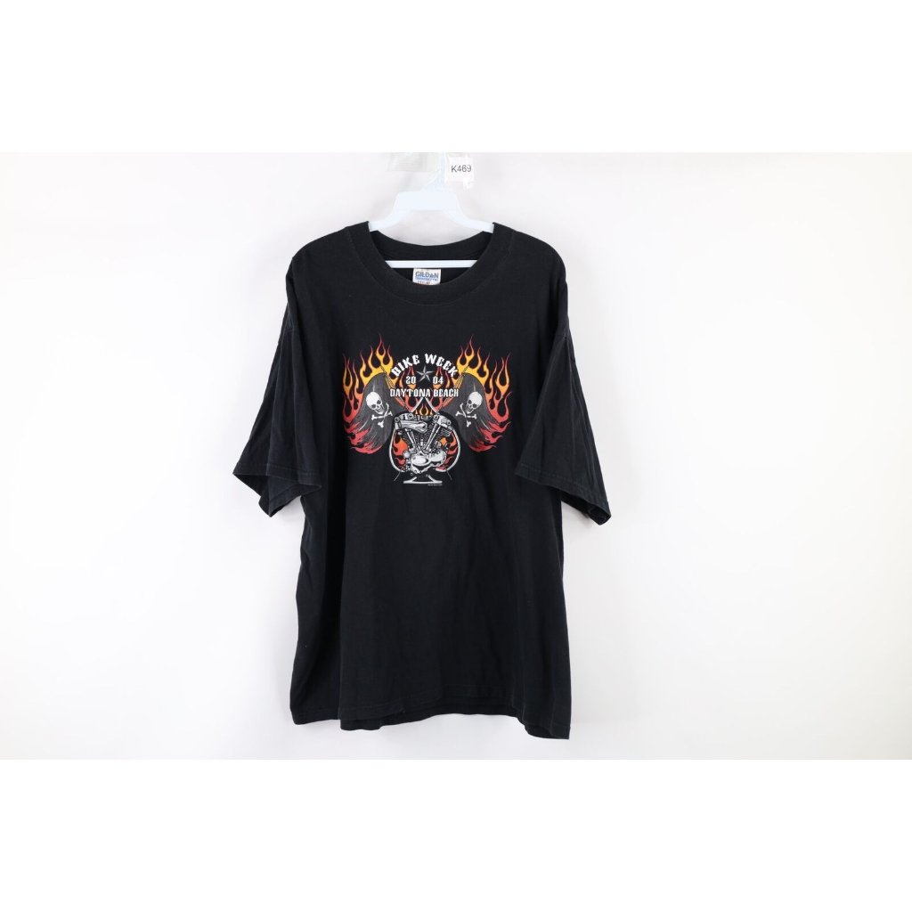 Vintage Y2k Mens Xl Faded 2004 Daytona Beach Bike Week Fire Flames Skull TShirt
